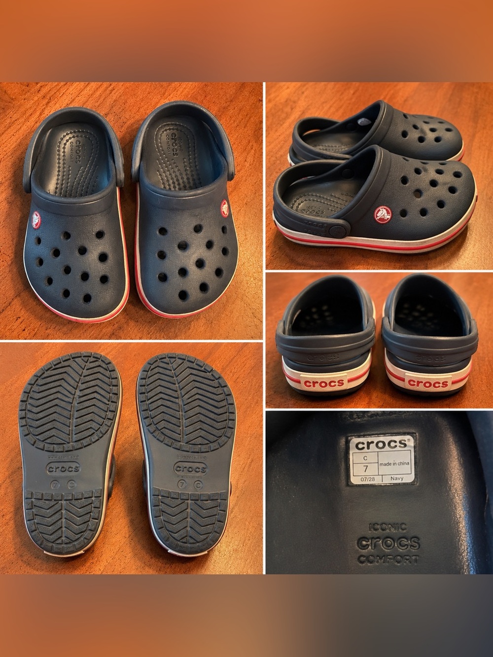 Crocs Classic Clogs Toddler Size C7 Navy Blue Red White Stripe EUC